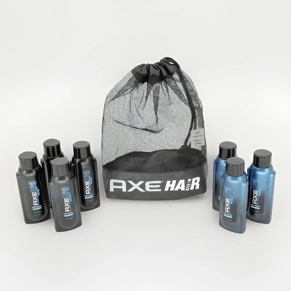 AXE Primed Just Clean Travel Size Shampoo Lot 7 Bottles w/ Mesh Bag 1.7 oz Rare
